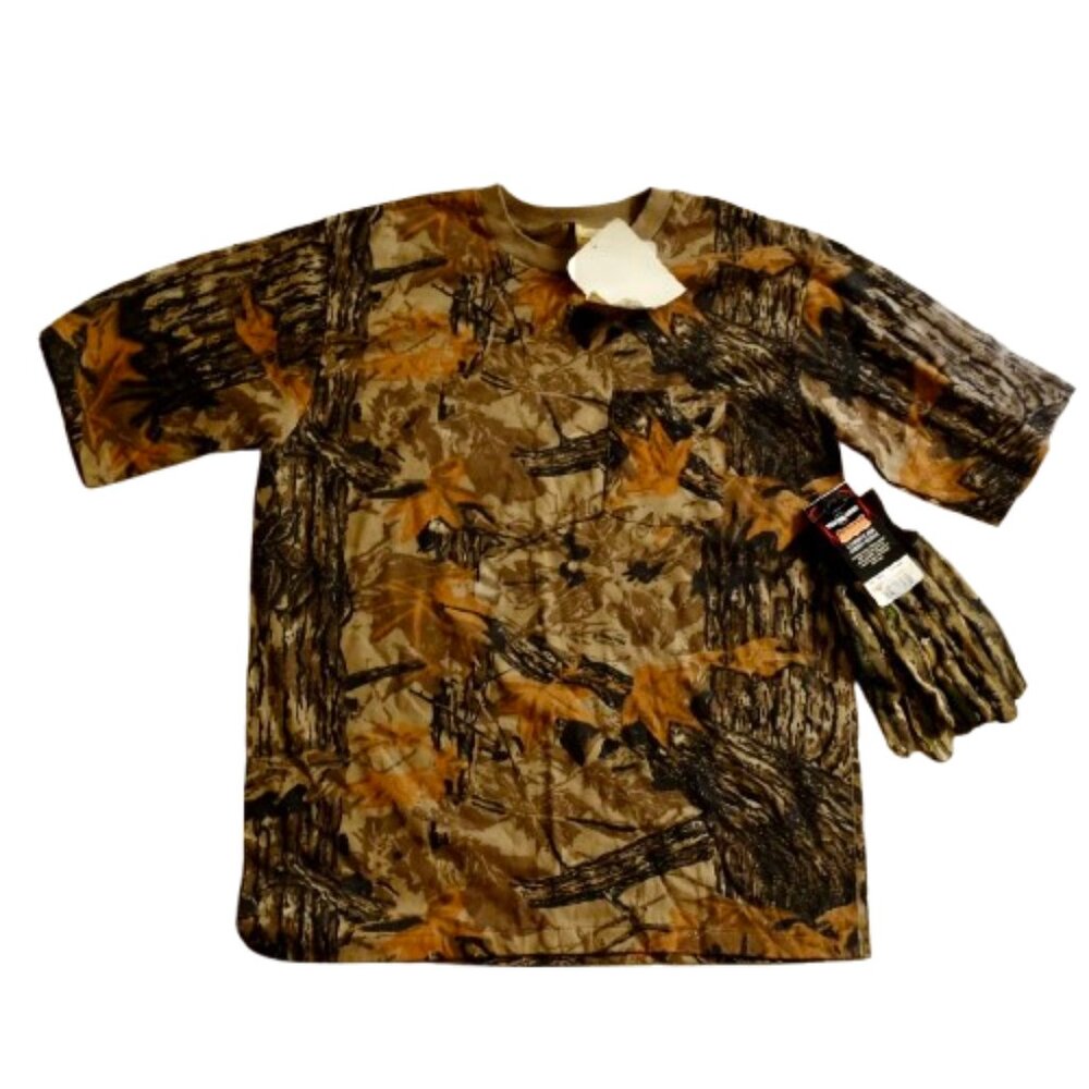 MENS SHORT SLEEVE CAMOUFLAGE COTTON T SHIRT & JERSEY GLOVES NWT SIZE LARGE